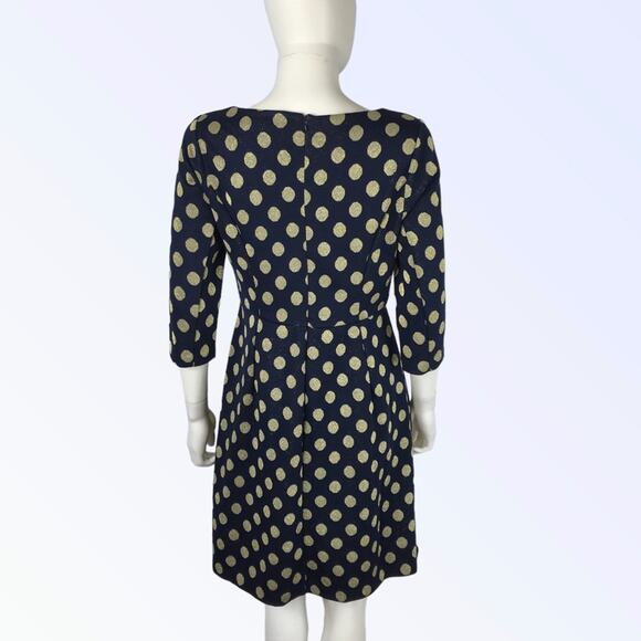 Boden Dress Gold Metallic & Navy Blue Knitted Polka Dot Knee Length - Picture 3 of 8